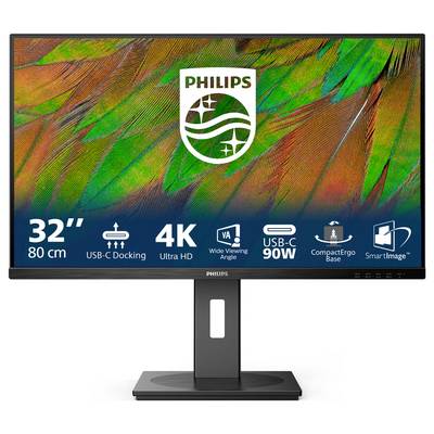 Ein Philips 32-Zoll-Monitor mit 4K Ultra HD, USB-C-Docking, weitem Betrachtungswinkel und SmartImage-Funktion.