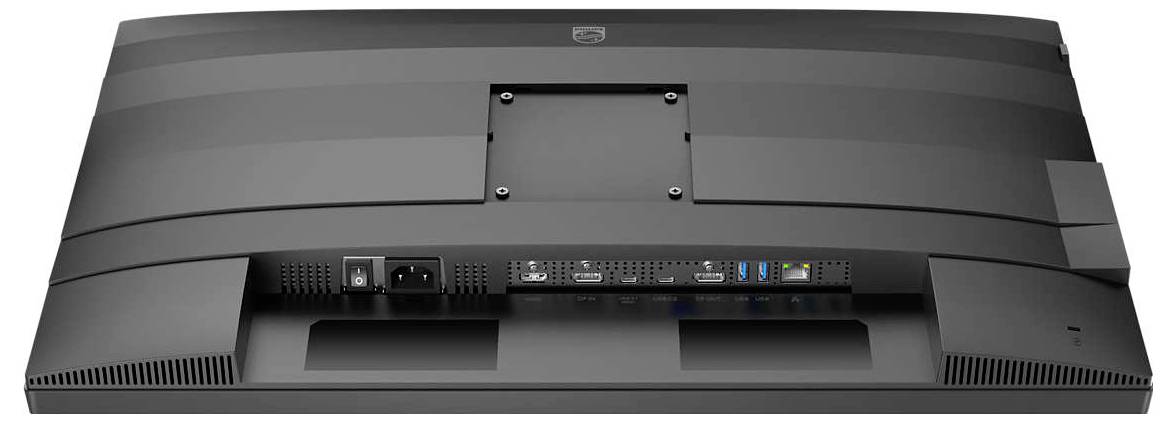 Ein Computerbildschirm, der von hinten gezeigt wird, mit verschiedenen Anschlüssen, darunter HDMI, DisplayPort und USB.