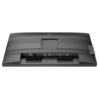 Ein Computerbildschirm, der von hinten gezeigt wird, mit verschiedenen Anschlüssen, darunter HDMI, DisplayPort und USB.