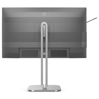 Rückansicht eines grauen Computermonitors auf einem eleganten, verstellbaren Standfuß. Der Bildschirm hat eine schlanke Bauweise.
