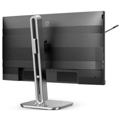 Ein Monitor von hinten mit einem schlanken Standfuß, der sich in der Höhe verstellen lässt. Im modernen Design gehalten.