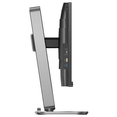Seitenansicht eines flachen Computermonitors auf einem schwenkbaren Standfuß, zeigt Anschlüsse für Audiokabel und USB.