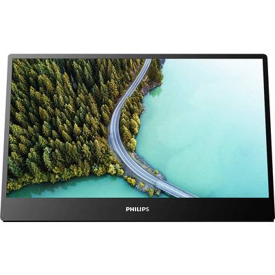 Ein Monitor mit einem Bild einer kurvigen Straße, die durch dichten Wald an einem türkisfarbenen See entlangführt. Philips-Logo unten.