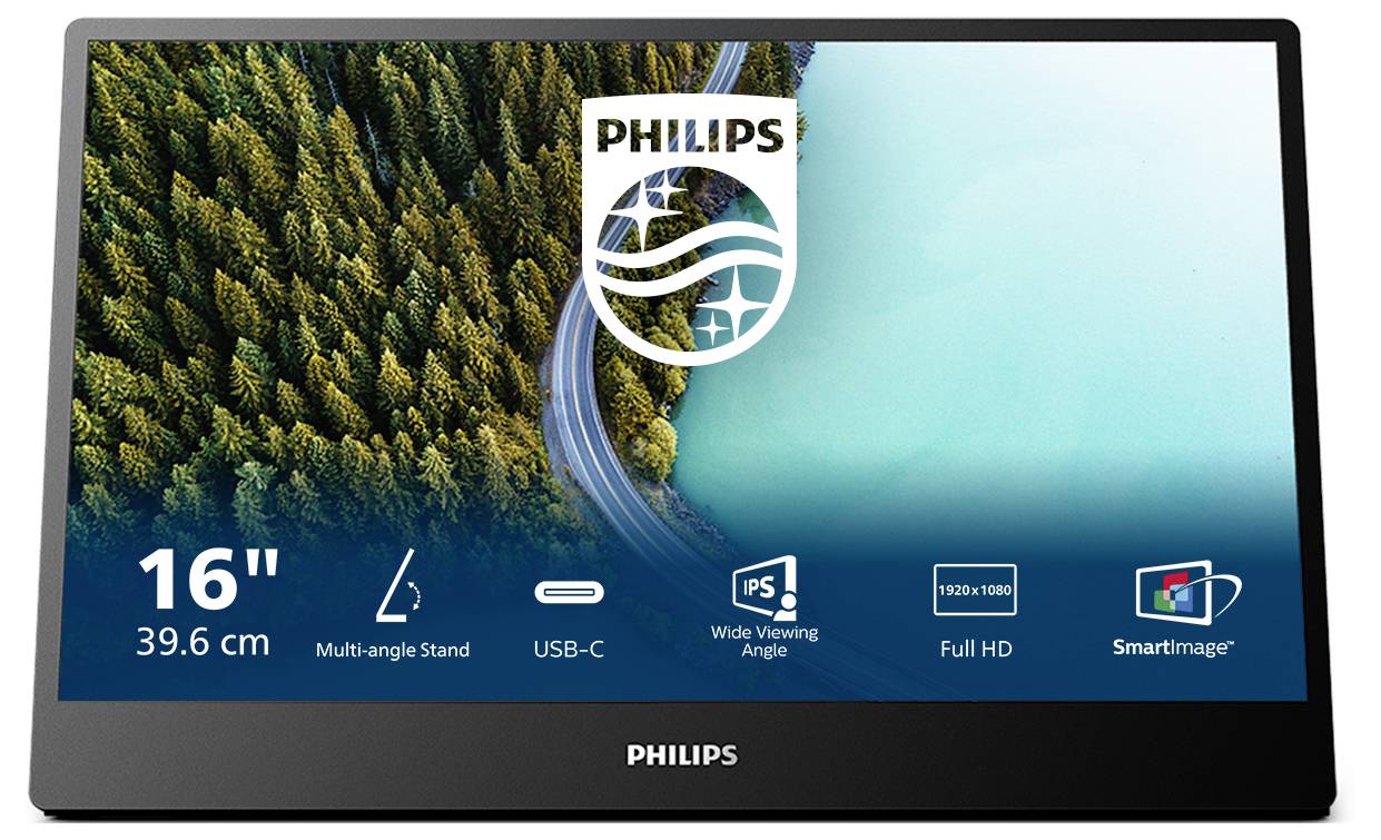 Monitor von Philips mit 16 Zoll Bildschirmdiagonale, USB-C Anschluss, Full HD Auflösung, vielfältigen Betrachtungswinkeln und SmartImage-Technologie.