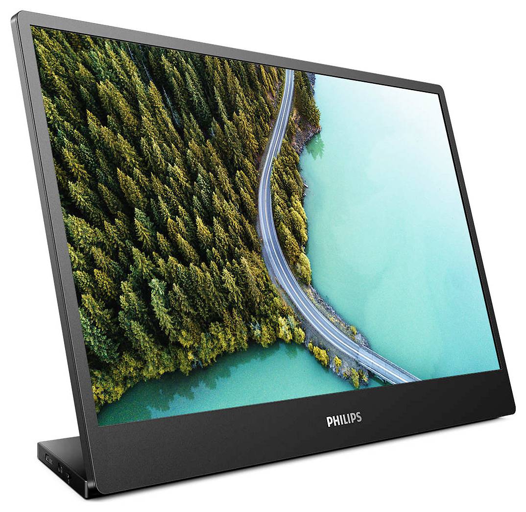 Ein Monitor der Marke Philips zeigt ein Luftbild von einer kurvenreichen Straße an einem türkisfarbenen See und einem Wald.