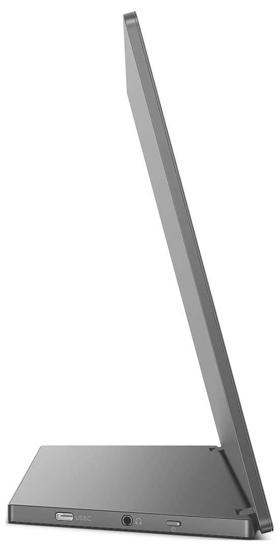 'Ultradünner, seitlicher Blick auf einen modernen Monitor mit integriertem Standfuß. Anschlüsse für USB-C und Audio vorhanden.'