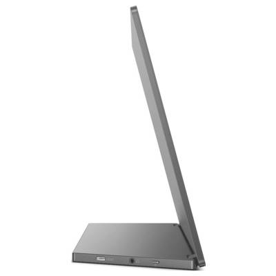 'Ultradünner, seitlicher Blick auf einen modernen Monitor mit integriertem Standfuß. Anschlüsse für USB-C und Audio vorhanden.'