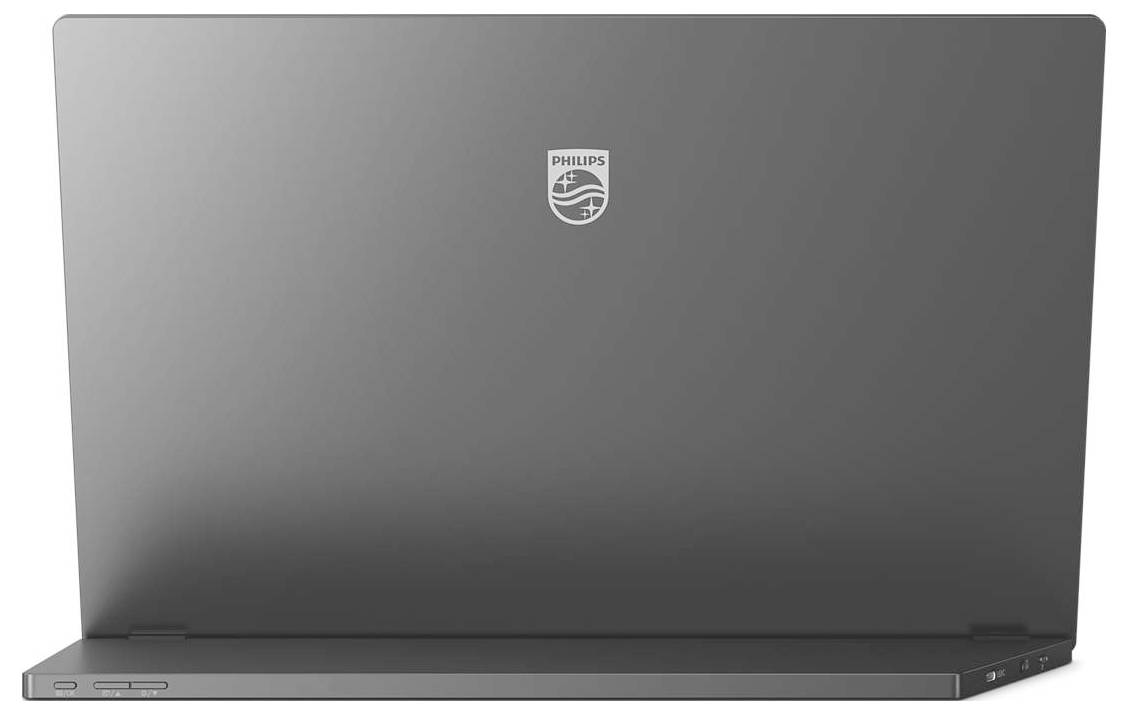 Ein geschlossenes Laptop mit einem 'Philips' Logo auf der Rückseite, betrachtet von hinten.