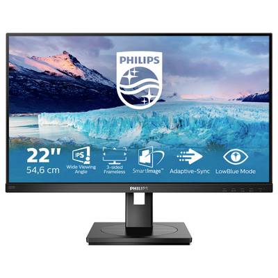 Ein Philips Monitor mit 22 Zoll Bildschirmdiagonale, IPS-Technologie und Funktionen wie Adaptive-Sync und LowBlue Mode. Im Hintergrund ist eine Polarlandschaft zu sehen.