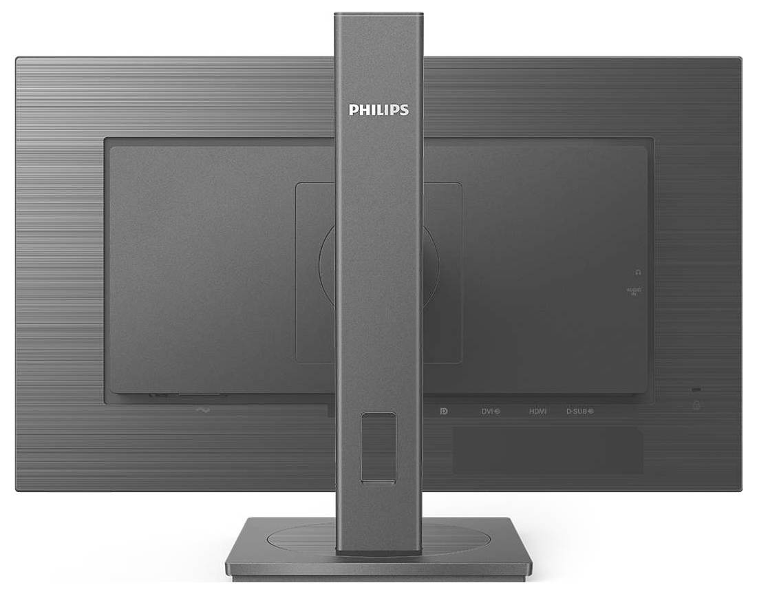 Ein Monitor von hinten gezeigt, mit dem Markenlogo 'PHILIPS' auf dem Standfuß, das moderne Design und matte Finish betont.