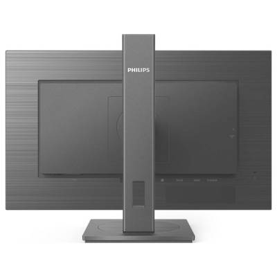 Ein Monitor von hinten gezeigt, mit dem Markenlogo 'PHILIPS' auf dem Standfuß, das moderne Design und matte Finish betont.