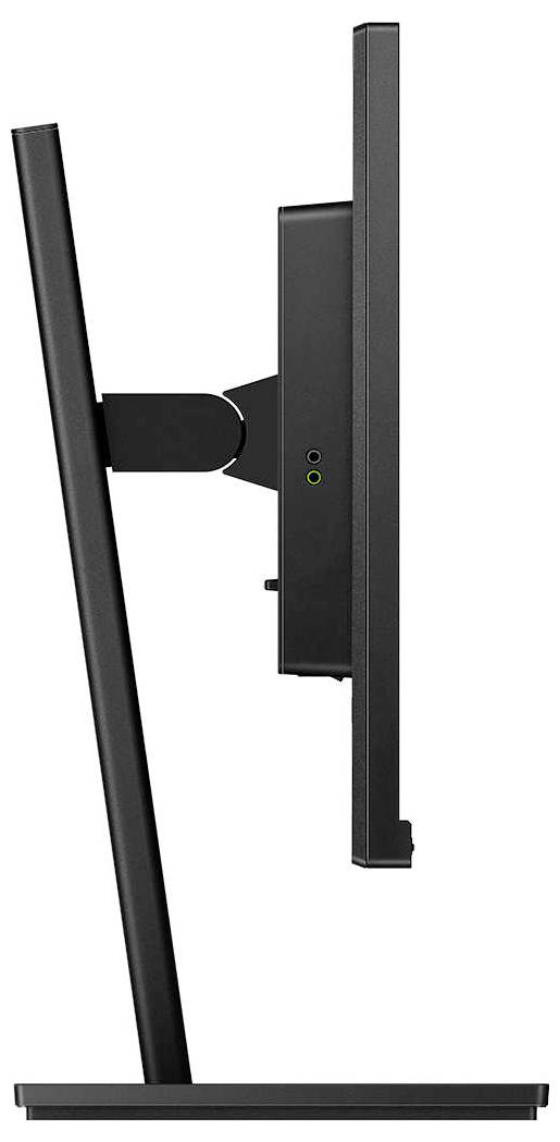 Computermonitor im Profilansicht mit einem schlanken schwarzen Rahmen auf einem stabilen Ständer.