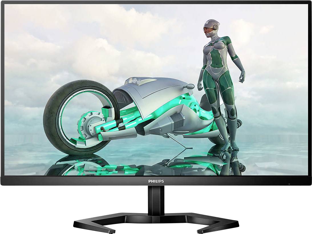 Eine futuristische Figur steht neben einem futuristischen Motorrad vor einem Himmelshintergrund, angezeigt auf einem Flachbildschirm.