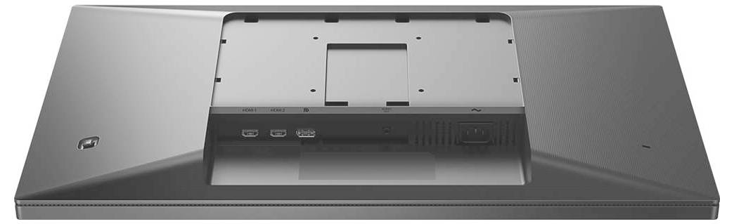 Rückansicht eines Computermonitors mit sichtbaren Anschlussbuchsen und Netzschalter, ohne angestecktes Kabel.