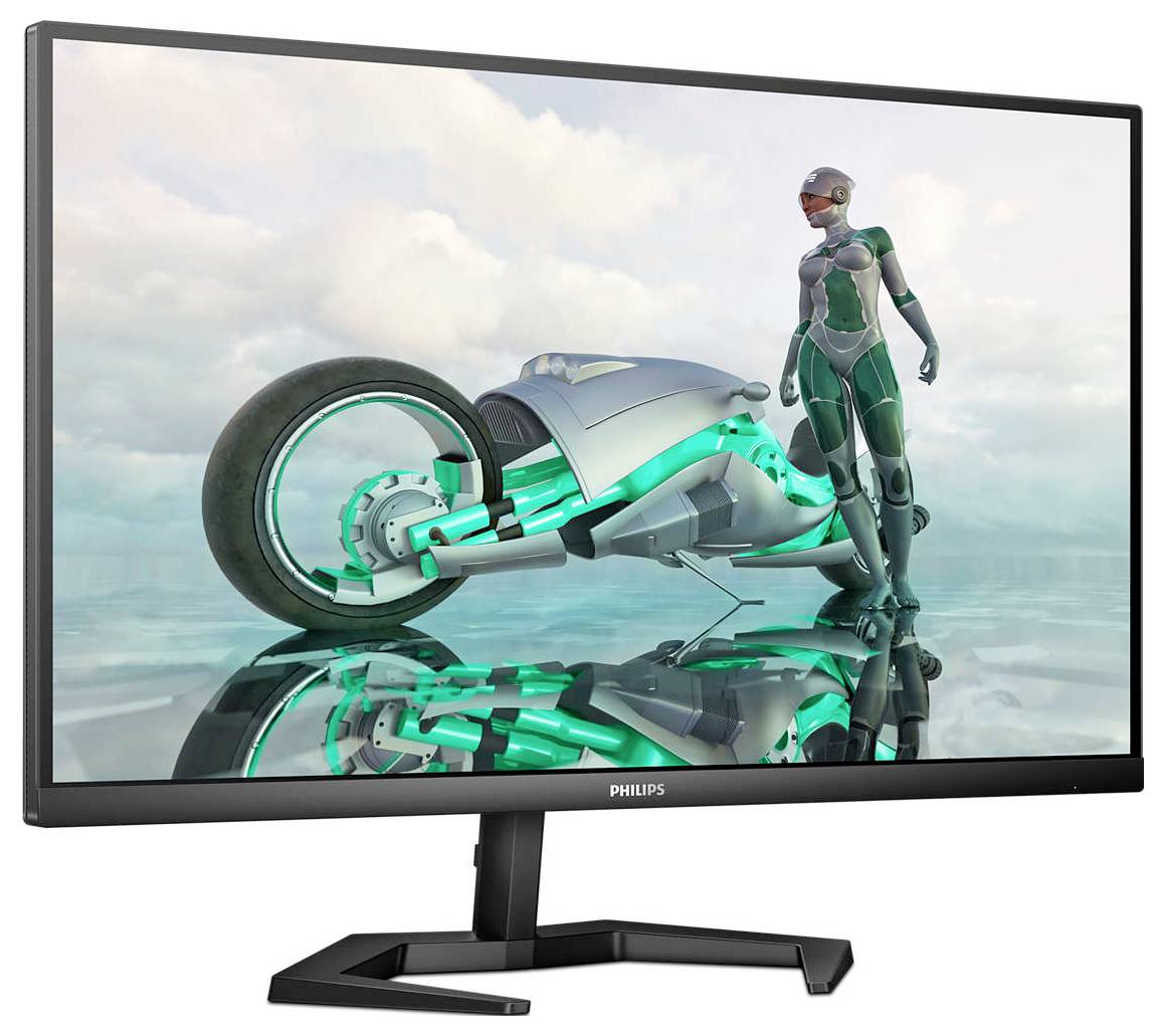 Ein Bildschirm zeigt ein futuristisches Bild: Eine Person in einem High-Tech-Anzug steht neben einem futuristischen Motorrad in einer Wolkenlandschaft.