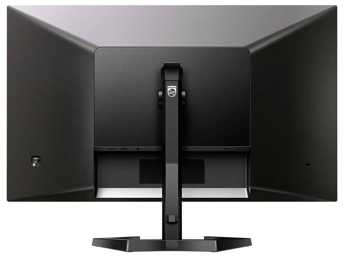 Rückseite eines schwarzen Computermonitors mit rechteckigem Standfuß, Kabelanschlüsse unten sichtbar.