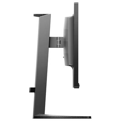 Seitenansicht eines Computermonitors auf einem Ständer, der nach rechts zeigt. Der Bildschirm ist dünn und modern gestaltet.