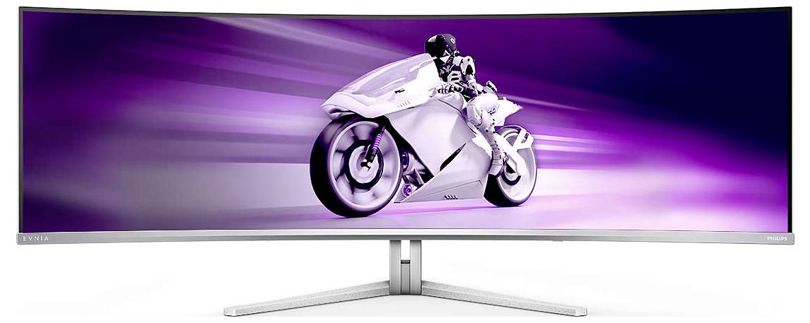 Ein ultrabreiter Bildschirm zeigt ein futuristisches Motorrad vor einem lila Hintergrund, das Geschwindigkeit und Technologie symbolisiert.