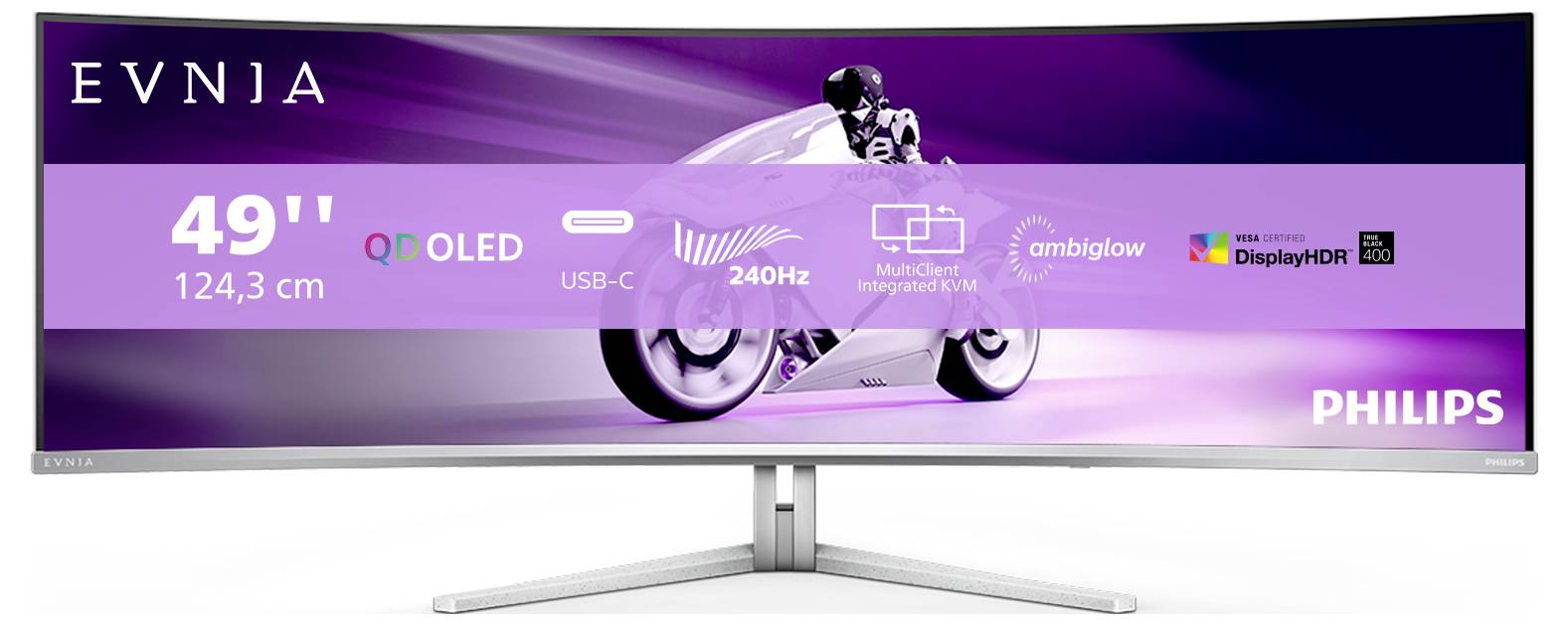 Philips 49" QD OLED-Monitor, USB-C, 240Hz, mit Ambiglow und DisplayHDR. Motorradfahrer auf dem Bildschirm. Modell: Evidia.