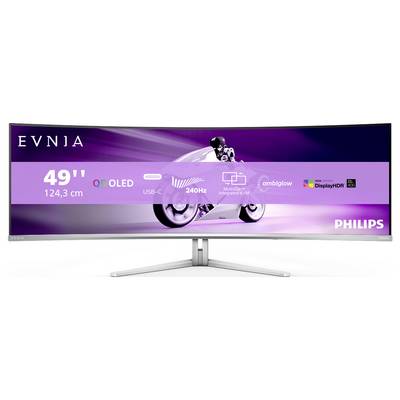 Philips 49" QD OLED-Monitor, USB-C, 240Hz, mit Ambiglow und DisplayHDR. Motorradfahrer auf dem Bildschirm. Modell: Evidia.