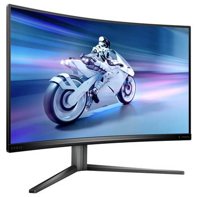 Ein futuristisches Motorrad mit Fahrer in technischer Ausrüstung fährt schnell durch eine digitale Landschaft auf einem gebogenen Monitor.
