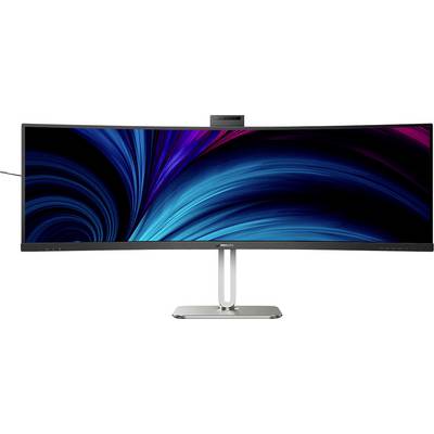 Breiter Computermonitor mit einem leuchtenden, abstrakten blauen und violetten Hintergrundmuster auf dem Bildschirm.