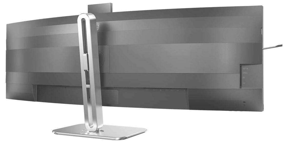 Rückansicht eines ultrabreiten Computerbildschirms mit einem silbernen Standfuß. Der Monitor hat ein schlankes, modernes Design.