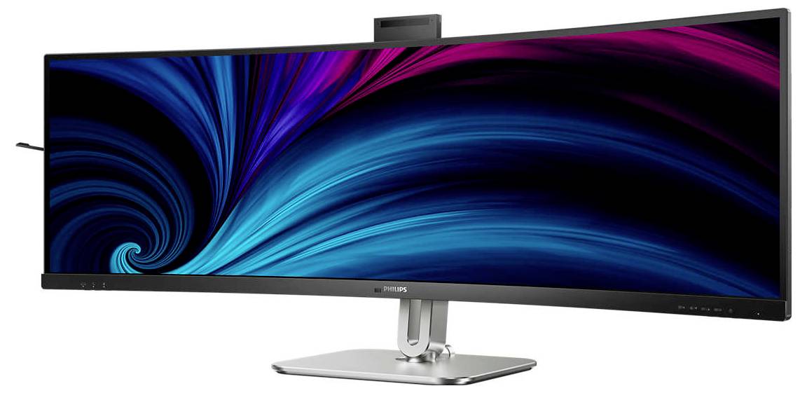 Ein ultrabreiter Computerbildschirm mit farbenfrohem abstraktem Muster in Blau- und Pinktönen auf einem silbernen Standfuß.