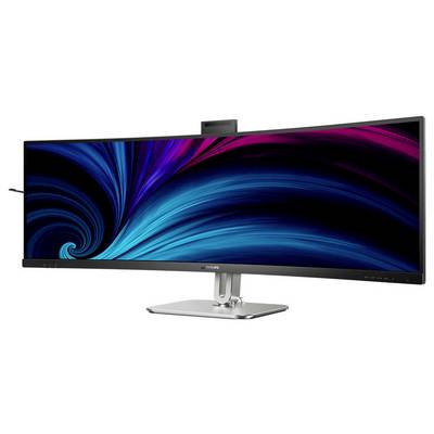 Ein ultrabreiter Computerbildschirm mit farbenfrohem abstraktem Muster in Blau- und Pinktönen auf einem silbernen Standfuß.
