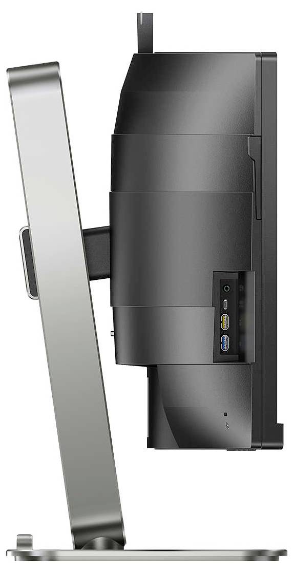 Seitenansicht eines modernen Computerbildschirms mit schlankem Standfuß, schwarzem Gehäuse und sichtbaren Anschlüssen an der Seite.