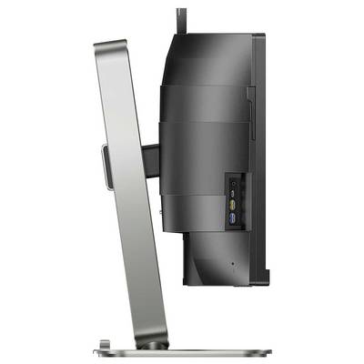 Seitenansicht eines modernen Computerbildschirms mit schlankem Standfuß, schwarzem Gehäuse und sichtbaren Anschlüssen an der Seite.