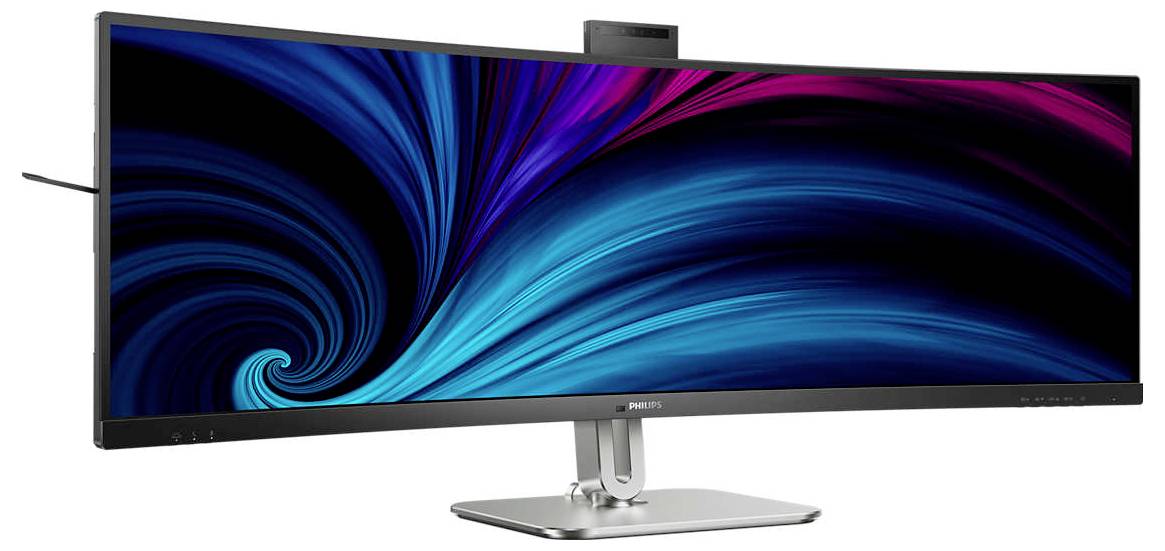 Breiter Monitor mit geschwungenen blauen und pinken Mustern auf dem Bildschirm, geeignet für Multitasking und immersive Erlebnisse.
