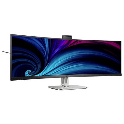 Breiter Monitor mit geschwungenen blauen und pinken Mustern auf dem Bildschirm, geeignet für Multitasking und immersive Erlebnisse.