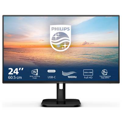 'Philips 24" Monitor mit IPS, USB-C, 100Hz, Full HD, schneller Reaktionszeit. Sonnenuntergang und Meeresmotiv im Hintergrund.'