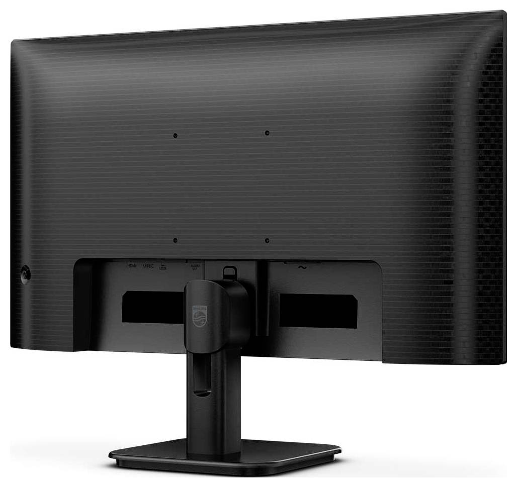 'Rückansicht eines schwarzen Computerbildschirms mit höhenverstellbarem Standfuß.'