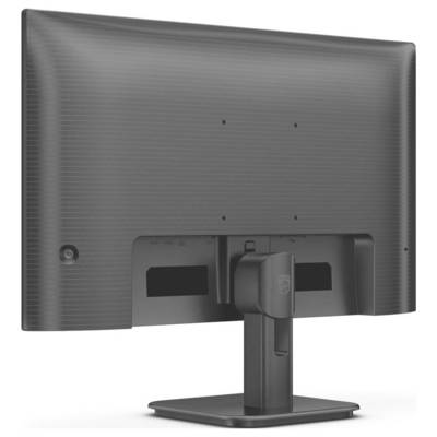 Ein schwarzer Computermonitor von hinten mit einem stabilen Standfuß, geeignet für Büroumgebungen.