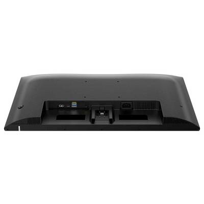 Rückseite eines Computermonitors mit Anschlüssen: DisplayPort, HDMI, USB, Netzanschluss. Kunststoffgehäuse in Schwarz mit Lüftungsschlitzen.