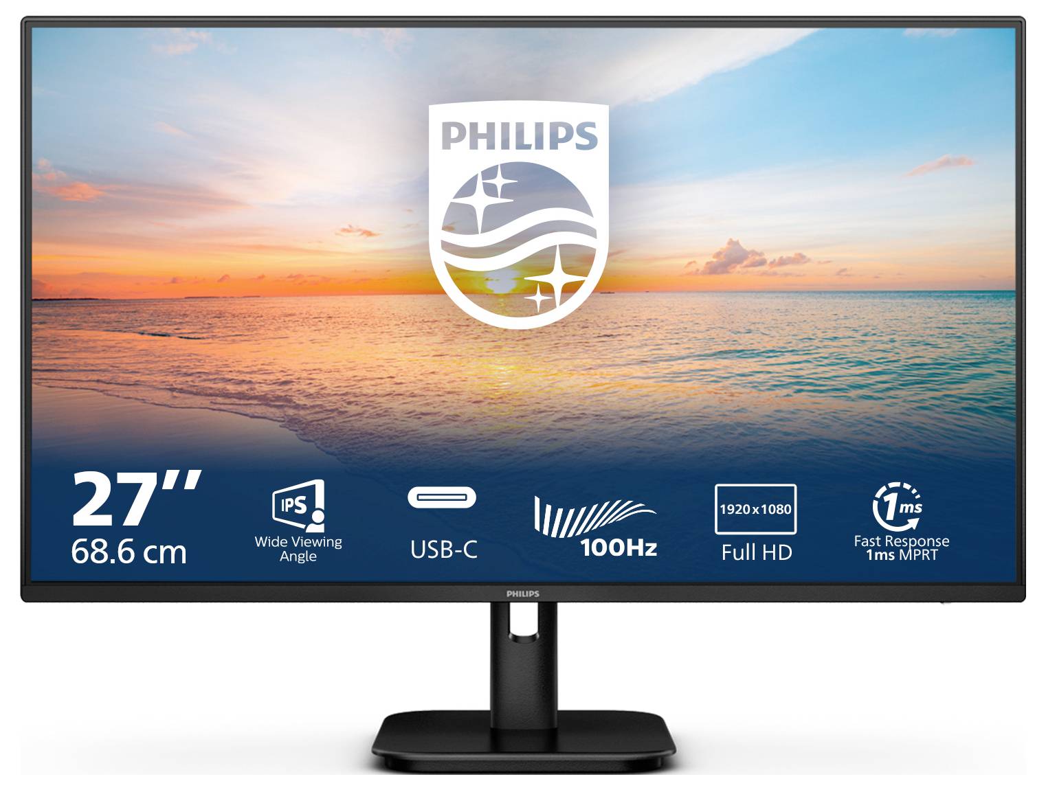 Ein 27-Zoll-Philips-Monitor zeigt ein Bild von Sonnenuntergang über dem Meer. Merkmale: IPS, USB-C, 100Hz, Full HD, 1ms Reaktionszeit.