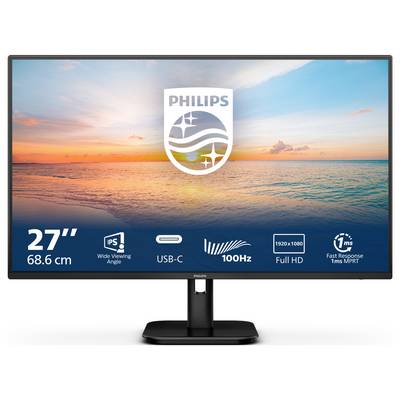 Ein 27-Zoll-Philips-Monitor zeigt ein Bild von Sonnenuntergang über dem Meer. Merkmale: IPS, USB-C, 100Hz, Full HD, 1ms Reaktionszeit.