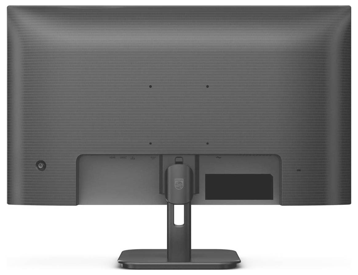 Rückansicht eines schwarzen Computerbildschirms auf einem Standfuß, mit Stromanschluss und Schnittstellen am unteren Rand sichtbar.