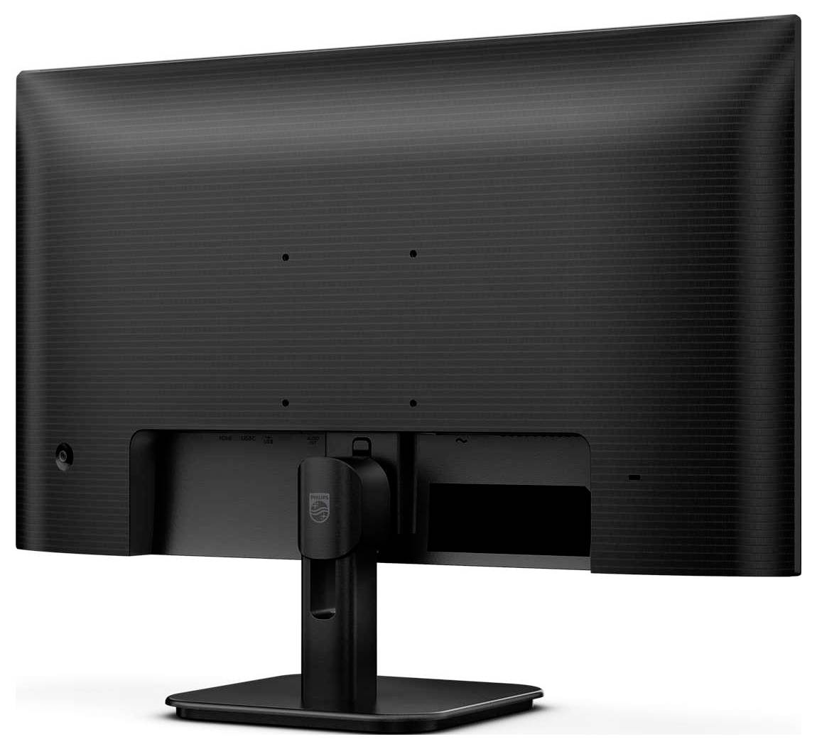 Ein schwarzer Computermonitor von hinten gesehen, auf einem rechteckigen Standfuß. Keine sichtbaren Marken- oder Modellkennzeichnungen.