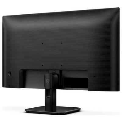 Ein schwarzer Computermonitor von hinten gesehen, auf einem rechteckigen Standfuß. Keine sichtbaren Marken- oder Modellkennzeichnungen.