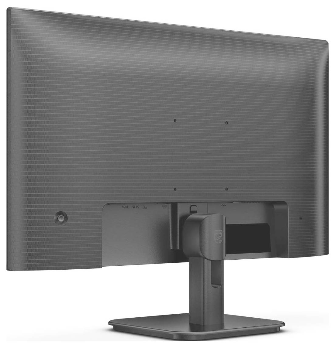 Rückansicht eines schwarzen Computerbildschirms mit rechteckigem Standfuß.
