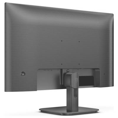 Rückansicht eines schwarzen Computerbildschirms mit rechteckigem Standfuß.