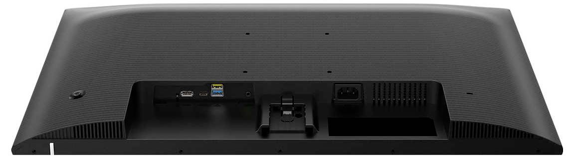 'Rückseite eines Computermonitors mit Anschlüssen, darunter USB und HDMI. Die Oberfläche ist schwarz und strukturiert.'