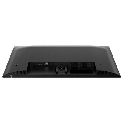 'Rückseite eines Computermonitors mit Anschlüssen, darunter USB und HDMI. Die Oberfläche ist schwarz und strukturiert.'