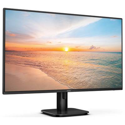 Ein Computerbildschirm zeigt einen Sonnenaufgang über einem ruhigen Meer, der Himmel ist in warmen Tönen von Orange bis Blau gefärbt.