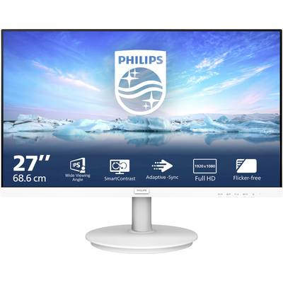 Ein Computerbildschirm der Marke Philips zeigt eine Landschaft aus Eis und Wasser. Unten sind Symbole zu Eigenschaften wie 27" Bildschirmgröße und Full HD.