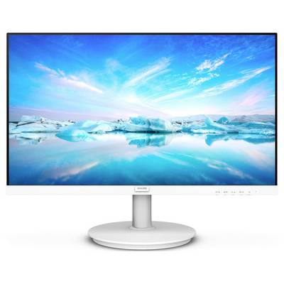 Ein Monitor mit einem Bild von arktischer Landschaft, blauem Himmel und Wolken spiegelt sich im ruhigen Wasser.