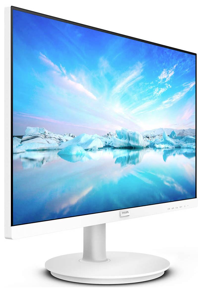 Ein Monitor mit einem Bild von einer arktischen Landschaft, zeigt blauen Himmel und Eisberge, auf einem weißen Standfuß platziert.